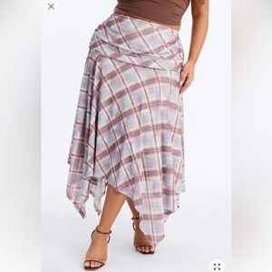 Fashion Nova Asymmetrical Plaid Skirt in Blue and Brown